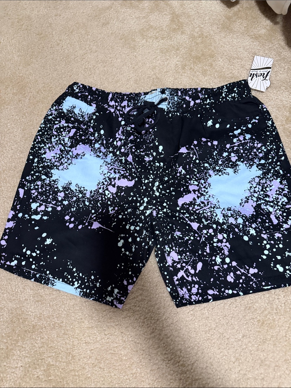 Men's Black Paint-Splash Swim Shorts with Pastel Accents